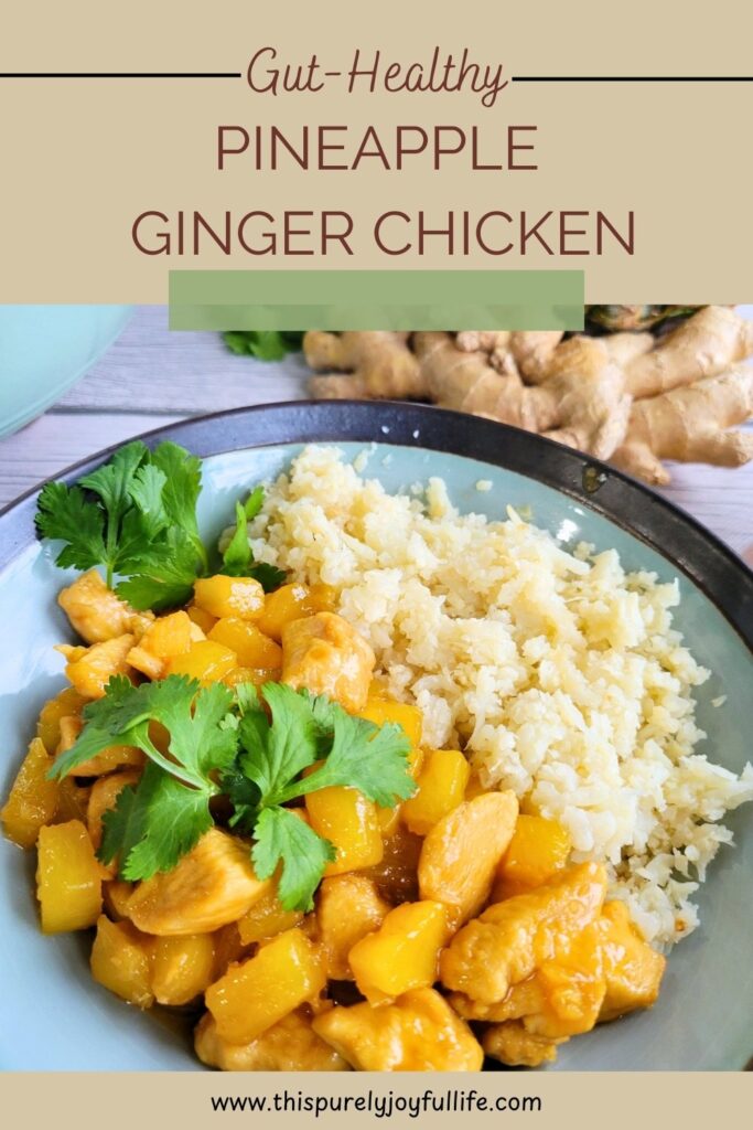 gut-healing, anti-inflammatory pineapple ginger chicken saute with cauliflower rice and cilantro. #easychickendinner #antiinflammatorydiet #guthealthydinner #autoimmunehealing #bromelain #pineappleginger #immunesupport
