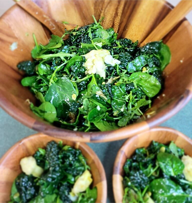 gut-healthy, anti-inflammatory zesty super green salad in a wooden bowl