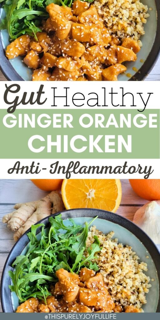 Gut-healthy, anti-inflammatory ginger orange chicken with fresh arugula #easydinner #antiinflammatorydinner #guthealthyfoods #orangechickenrecipe #refinedsugarfree #gingerchicken