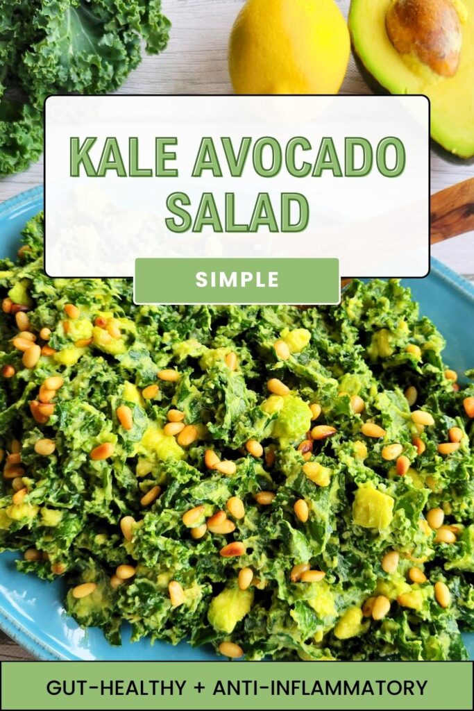 Gut-Healthy Kale Avocado Salad with Lemon in a bowl. #antiinflammatorysalad #massagedkale #guthealthysalad #kalesalad #easysidesalad